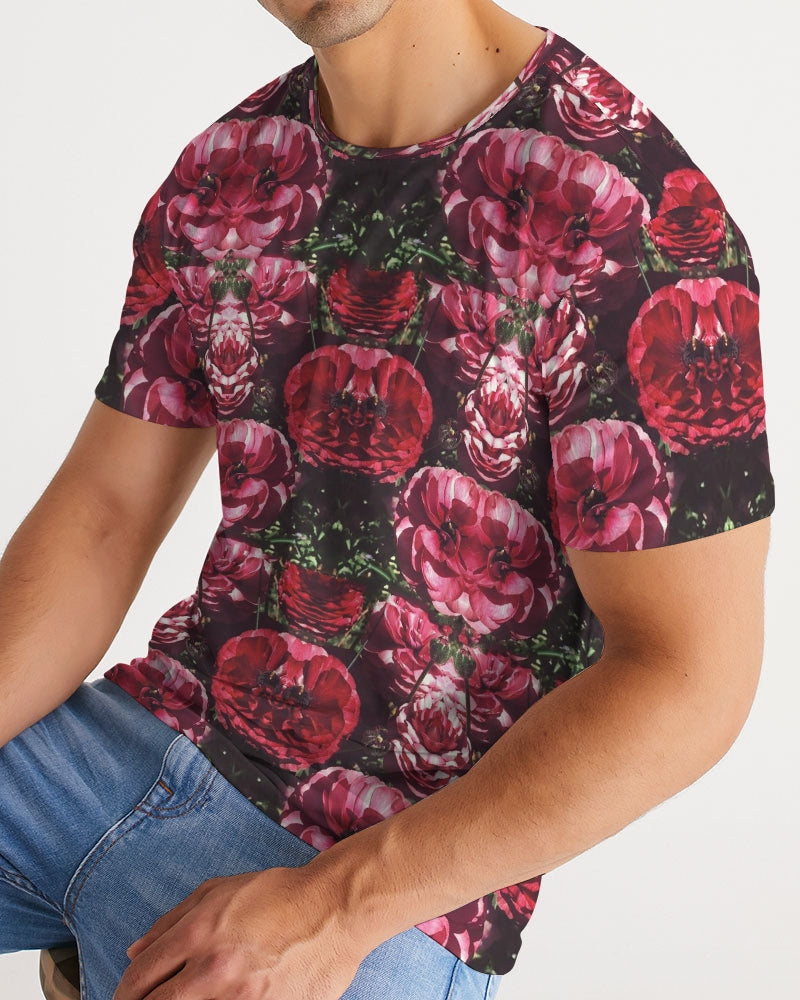 Floralis No 25 men’s tee with bold deep red and magenta rose print and dark green foliage on black short-sleeved fabric