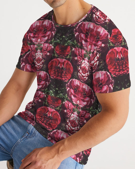 Floralis No 25 men’s tee with bold deep red and magenta rose print and dark green foliage on black short-sleeved fabric