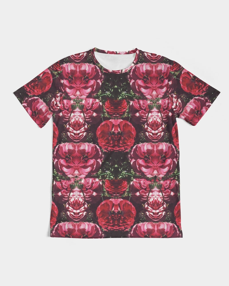Floralis No 25 men’s short sleeved tee with deep pink and red rose pattern and dark green foliage on black background