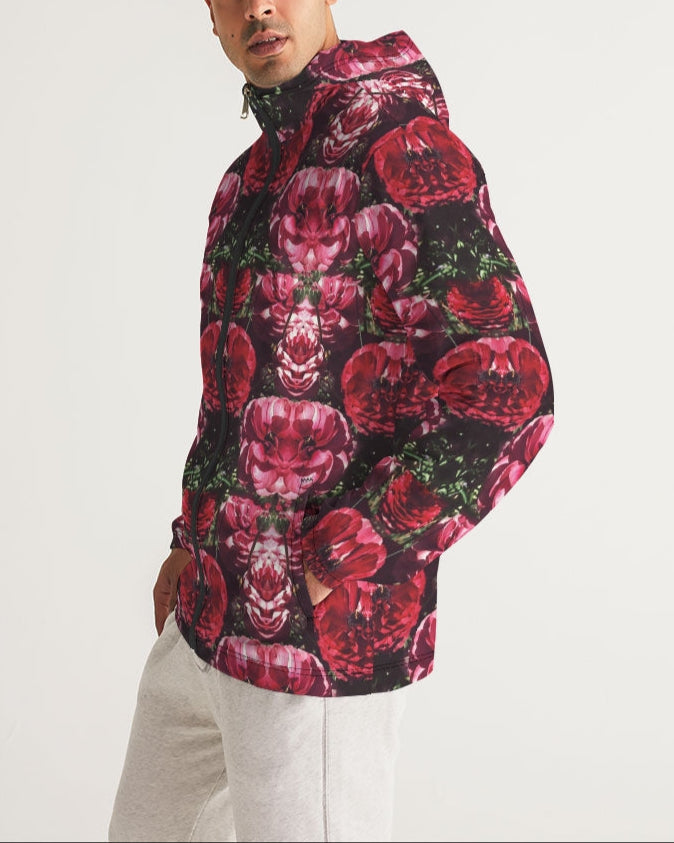 Floralis No 25 men’s windbreaker with vibrant red and black mirrored floral pattern featuring bold roses and hood