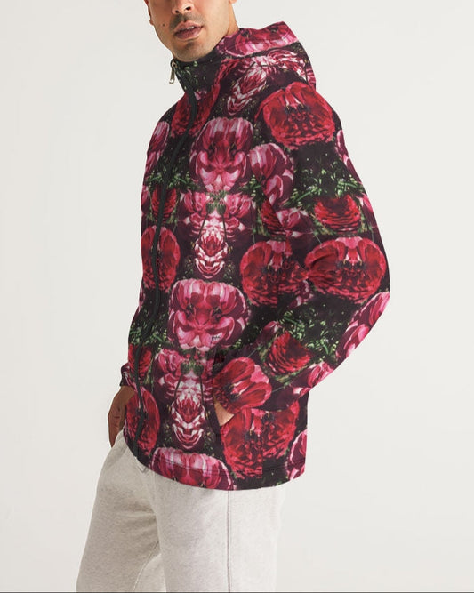Floralis No 25 men’s windbreaker with vibrant red and black mirrored floral pattern featuring bold roses and hood