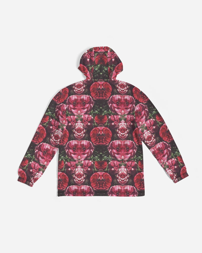 Floralis No 25 men’s windbreaker hooded jacket with bold symmetrical deep red rose pattern on dark fabric