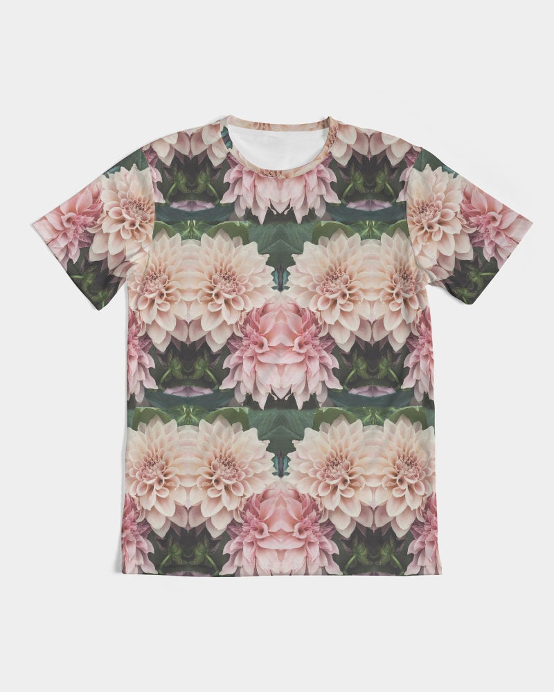 Floralis No 26 men’s short-sleeved t-shirt with symmetrical pink and cream dahlia print on dark green fabric