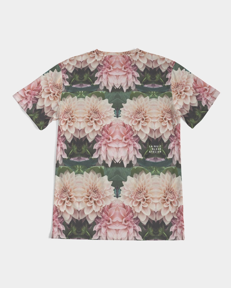 Floralis No 26 men’s short-sleeved t-shirt with symmetrical pink and cream dahlia pattern on dark green foliage