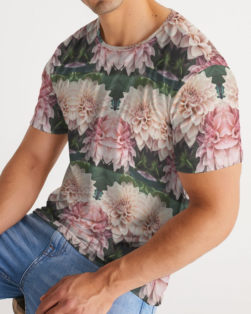 Floralis No 26 men’s short-sleeved t-shirt with vibrant pink and white dahlia floral pattern on dark green foliage