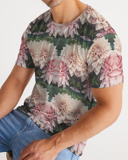 Floralis No 26 men’s short-sleeved t-shirt with vibrant pink and white dahlia floral pattern on dark green foliage