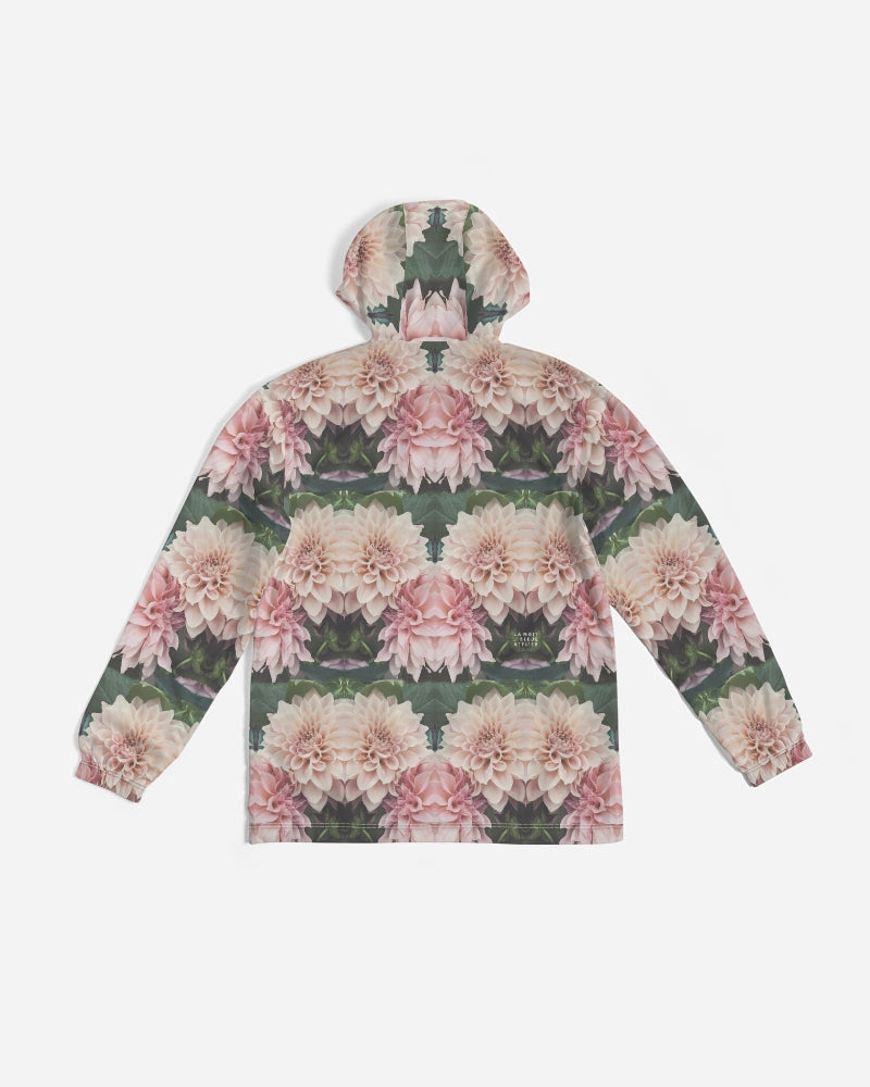 Floralis no 26 men’s windbreaker hooded jacket with mirrored pink and white dahlia pattern on dark background