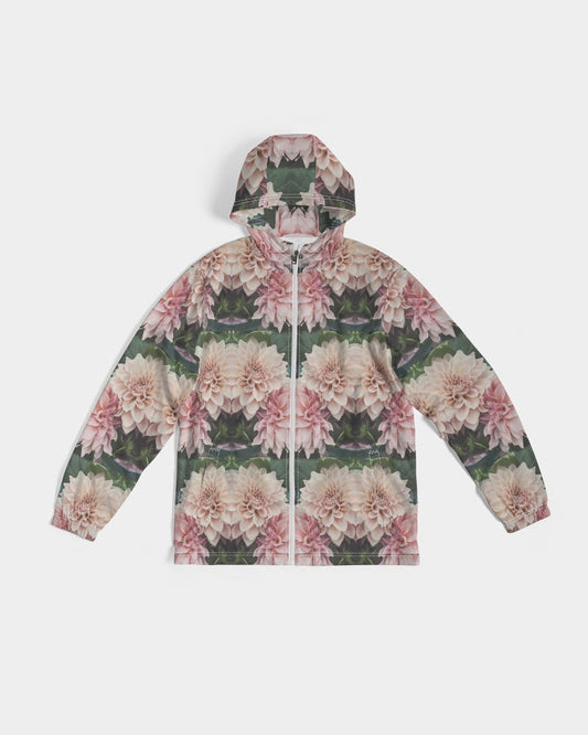 Floralis No 26 men’s windbreaker featuring a pink and white floral pattern hooded jacket with full-length zipper