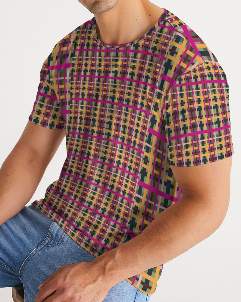 A vibrant fuchsia plaid men’s short-sleeved t-shirt with bold magenta mustard yellow and dark green geometric lines