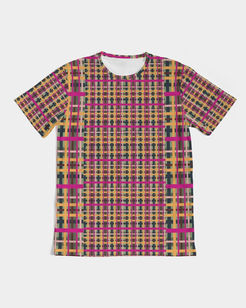A vibrant fuchsia plaid men’s short-sleeved t-shirt with bold geometric patterns in pink mustard yellow and dark green