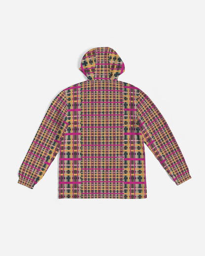 Fuchsia plaid men’s windbreaker with vibrant long-sleeved hooded jacket in pink mustard yellow and black geometric plaid