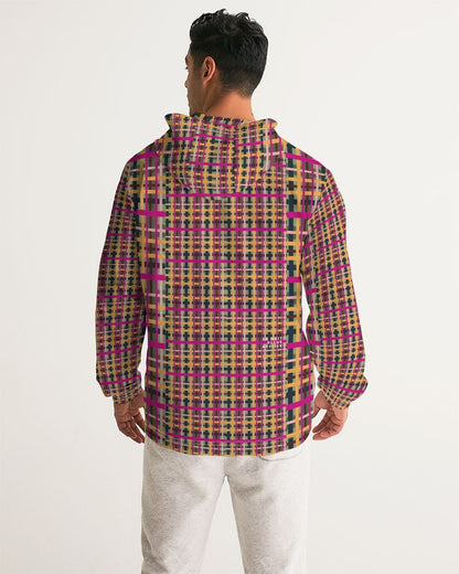 Fuchsia plaid men’s windbreaker with vibrant long-sleeved hooded jacket in magenta mustard yellow and black geometric plaid