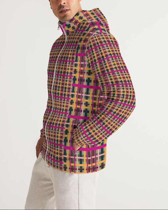 Fuchsia plaid men’s windbreaker hooded jacket with bold geometric plaid pattern in pink yellow green and brown