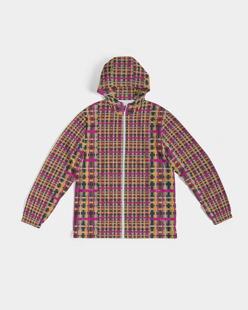 Fuchsia plaid men’s windbreaker with a vibrant geometric plaid pattern in pink mustard yellow and dark green