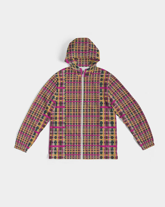 Fuchsia plaid men’s windbreaker with a vibrant geometric plaid pattern in pink mustard yellow and dark green