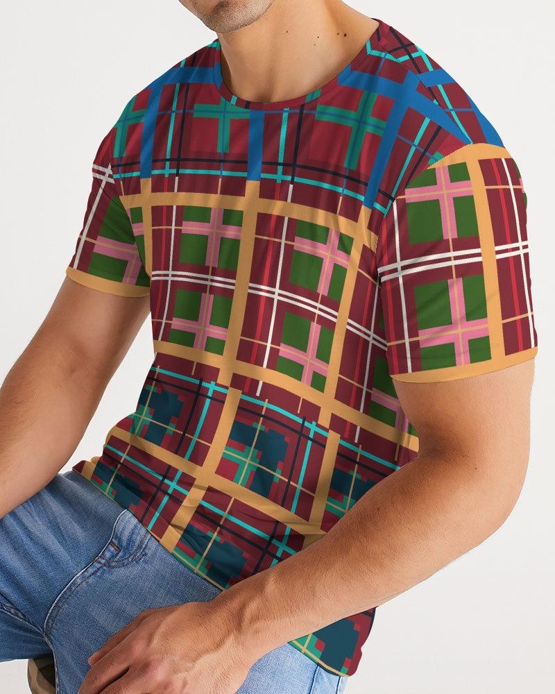 A vibrant short-sleeved multi plaid no 1 men’s tee with bold maroon green blue pink and beige stripes