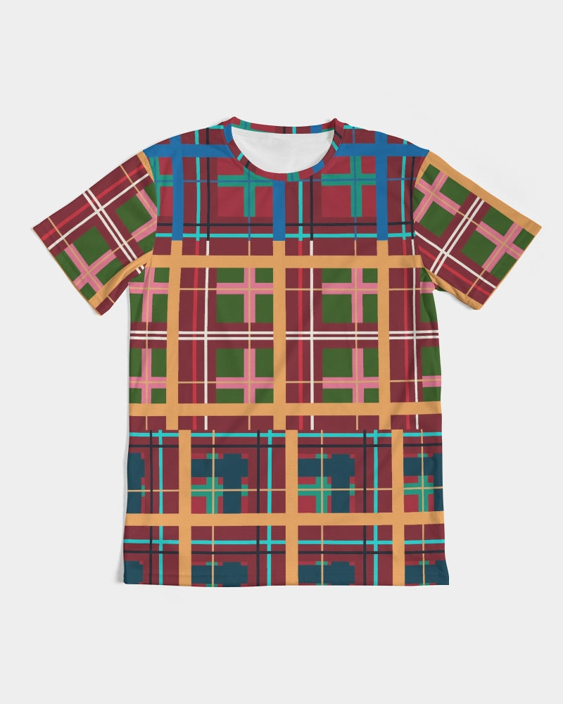 A vibrant short-sleeved multi plaid no 1 men’s tee with bold red green blue and orange intersecting stripes