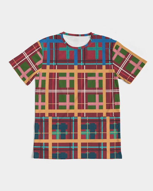 A vibrant short-sleeved multi plaid no 1 men’s tee with bold red green blue and orange intersecting stripes