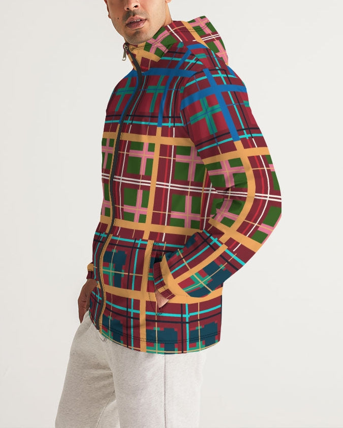 Multi plaid no 1 men’s windbreaker is a vibrant multicolored plaid hooded jacket with a geometric crosshatch pattern