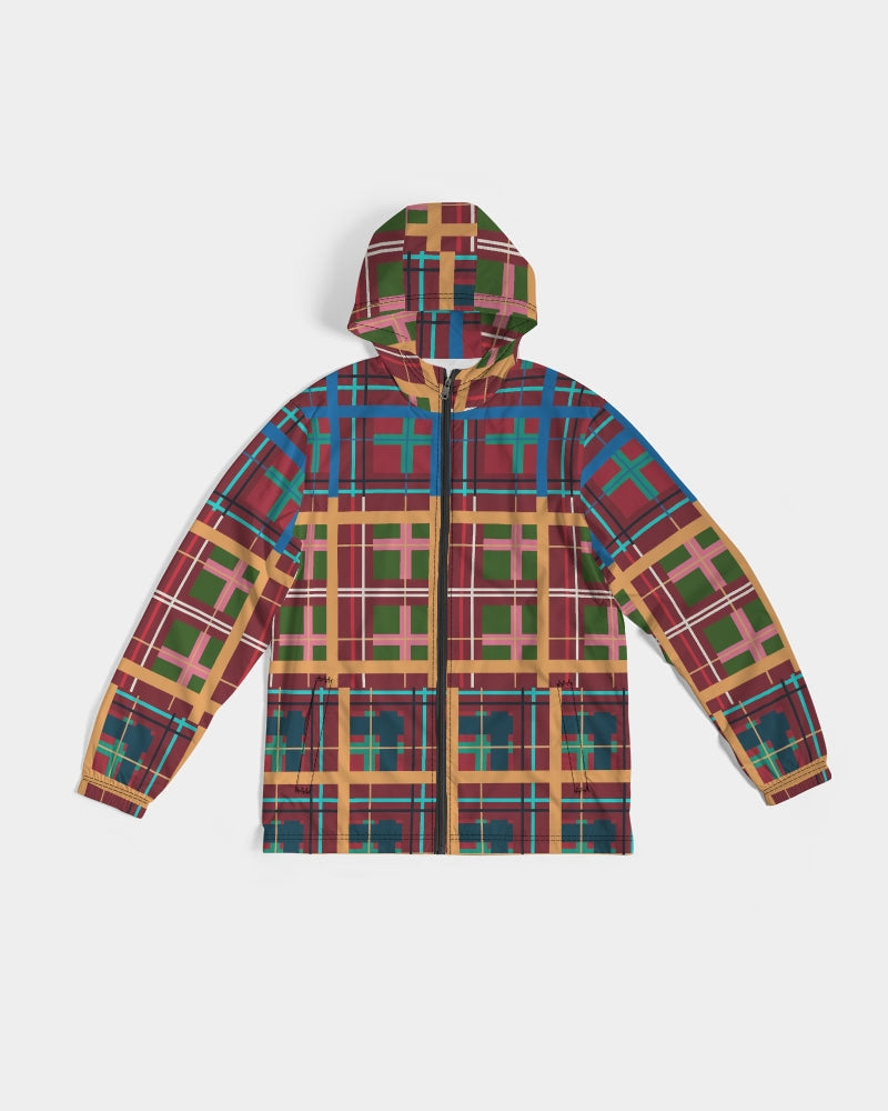 A vibrant multi plaid no 1 men’s windbreaker with bold maroon teal mustard yellow and green full-zip hooded jacket