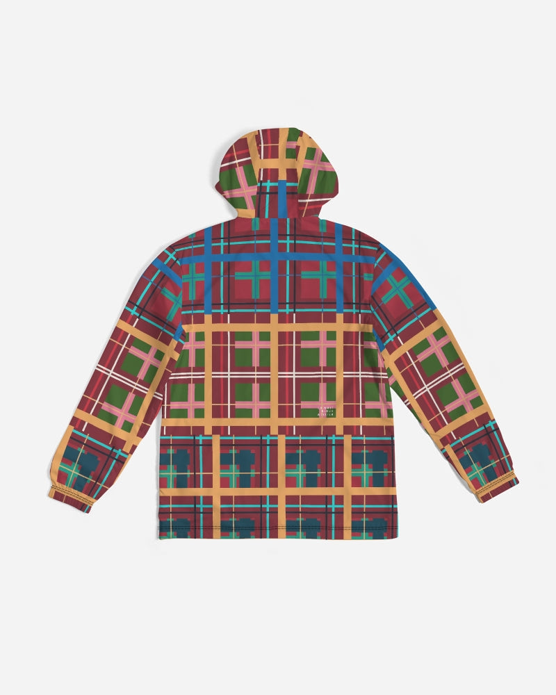 A vibrant long-sleeved hooded multi plaid no 1 men’s windbreaker with bold red green blue and beige intersecting lines