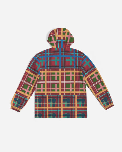 A vibrant long-sleeved hooded multi plaid no 1 men’s windbreaker with bold red green blue and beige intersecting lines