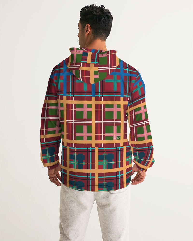 A vibrant multi plaid no 1 men’s windbreaker featuring a long-sleeved hooded jacket with bold maroon green blue yellow stripes