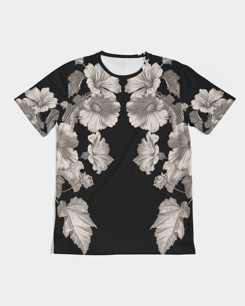 Black short-sleeved men’s t-shirt noir botanica no 1.2 featuring a detailed grayscale floral pattern with large blossoms and leaves