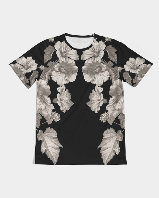 Black short-sleeved men’s t-shirt noir botanica no 1.2 featuring a detailed grayscale floral pattern with large blossoms and leaves