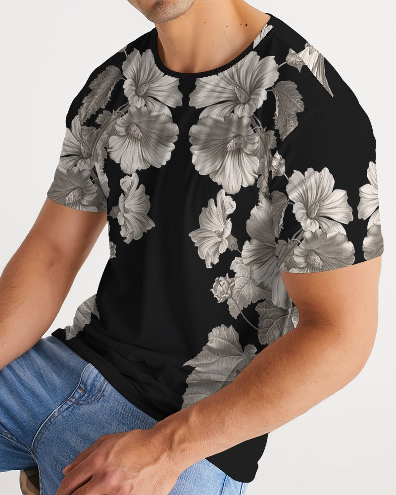 Noir Botanica No. 1.2 men’s black short-sleeved t-shirt with detailed grayscale floral pattern on front