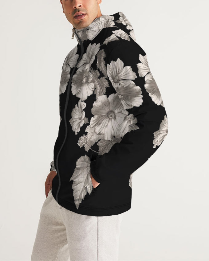 Noir Botanica No. 1.2 men’s black zip-up windbreaker hoodie with bold silver floral pattern front view