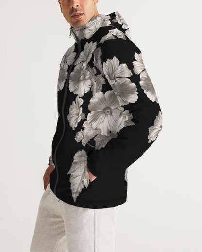 Noir Botanica No. 1.2 men’s black zip-up windbreaker hoodie with bold silver floral pattern front view