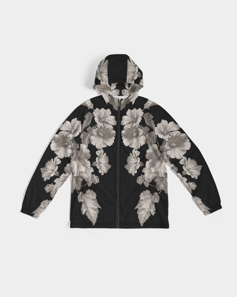 Noir botanica no 1.2 men’s windbreaker zip-up hoodie in black with bold grayscale floral pattern on fabric