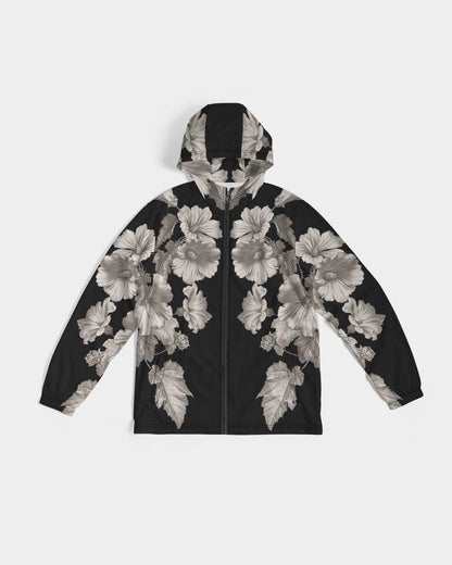 Noir botanica no 1.2 men’s windbreaker zip-up hoodie in black with bold grayscale floral pattern on fabric
