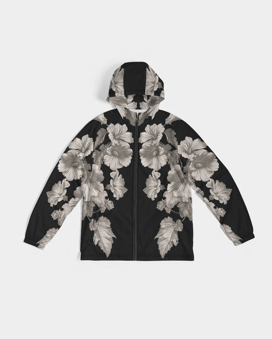 Noir botanica no 1.2 men’s windbreaker zip-up hoodie in black with bold grayscale floral pattern on fabric