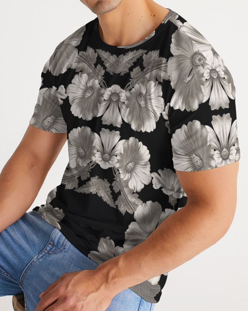 Noir Botanica No. 1.3 men’s black short-sleeved tee with detailed grayscale floral pattern of large blossoms and leaves