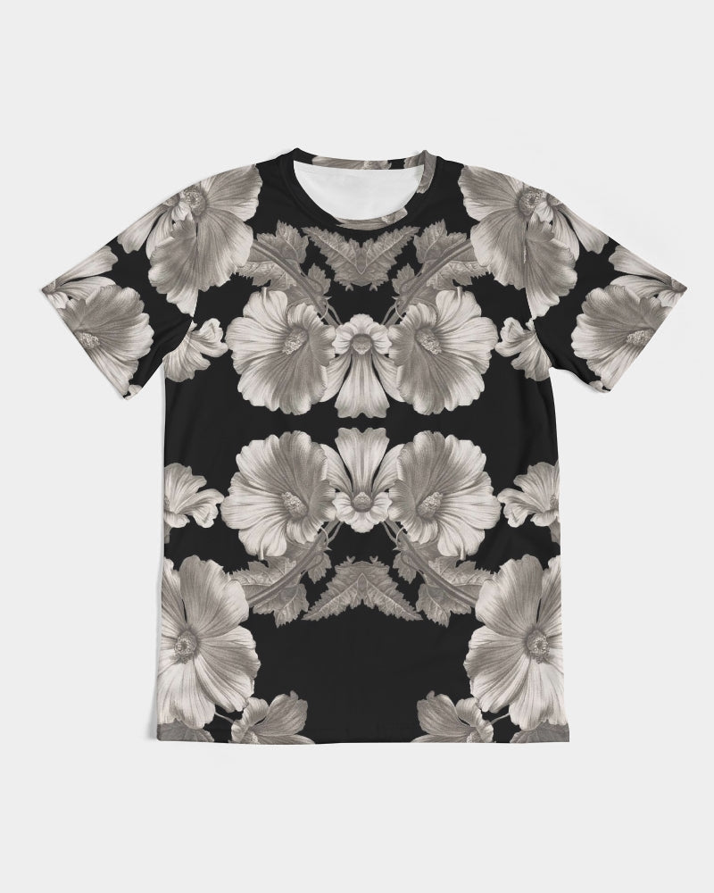 Noir botanica no 1.3 men’s black short-sleeved t-shirt with symmetrical grayscale floral pattern and detailed blossoms and leaves