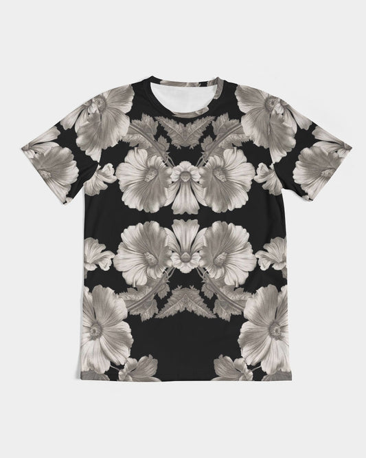 Noir botanica no 1.3 men’s black short-sleeved t-shirt with symmetrical grayscale floral pattern and detailed blossoms and leaves