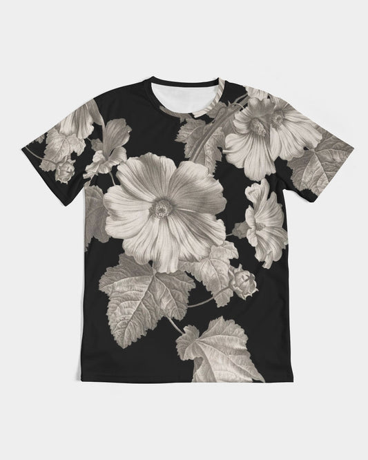 Black short-sleeved men’s t-shirt with detailed grayscale floral pattern featuring large blossoms and leaves noir botanica no 1
