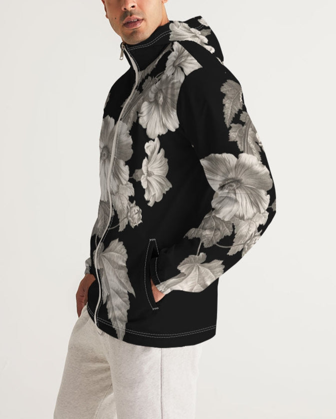 Noir botanica no 1 men’s windbreaker black zip-up hoodie with bold grayscale floral pattern and large blossoms and leaves