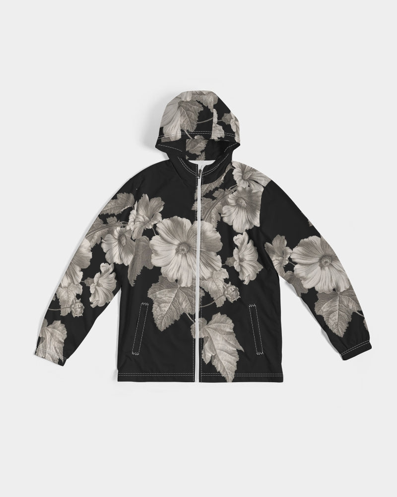 Noir Botanica No 1 men’s black zip-up hoodie with bold grayscale floral pattern featuring large blossoms and leaves