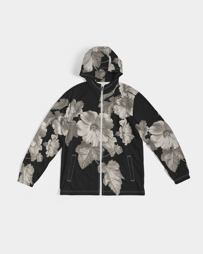 Noir Botanica No 1 men’s black zip-up hoodie with bold grayscale floral pattern featuring large blossoms and leaves