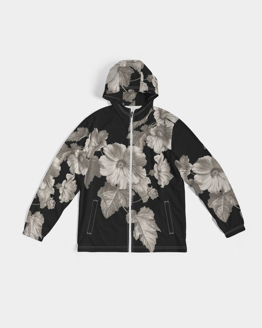 Noir Botanica No 1 men’s black zip-up hoodie with bold grayscale floral pattern featuring large blossoms and leaves