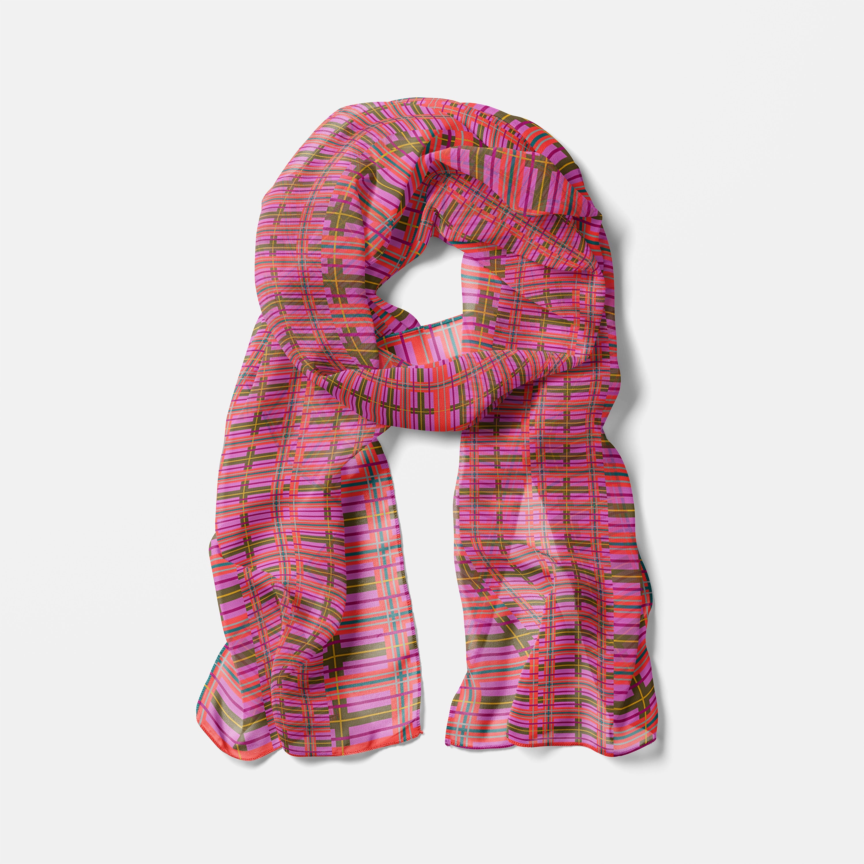 A vibrant pink plaid chiffon long scarf with orange and green accents in lightweight sheer fabric