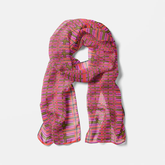 A vibrant pink plaid chiffon long scarf with orange and green accents in lightweight sheer fabric