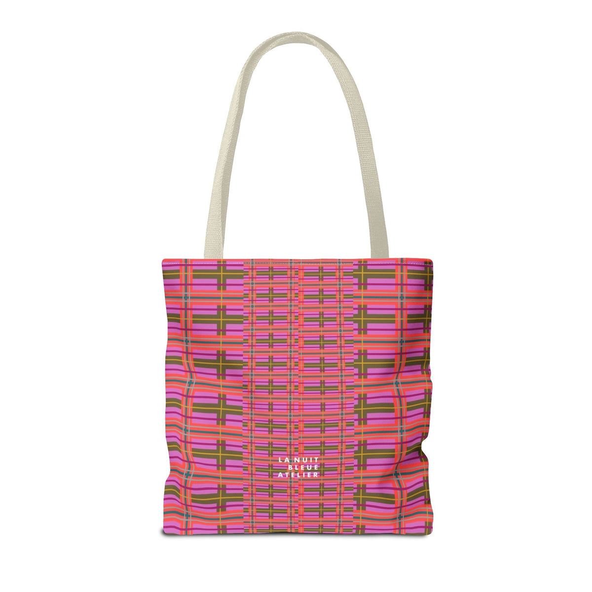 A pink and purple plaid everyday tote bag with cream handles and la nuit d’atelier brand name at the front center
