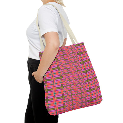 A vibrant pink plaid everyday tote bag with green accents and beige shoulder straps for daily use