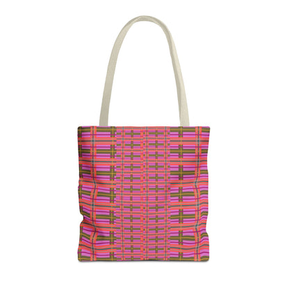 A vibrant pink and orange plaid tote bag with beige handles designed as a pink plaid everyday tote