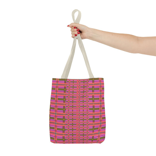 A vibrant pink and orange plaid canvas tote bag with contrasting beige handles for everyday use