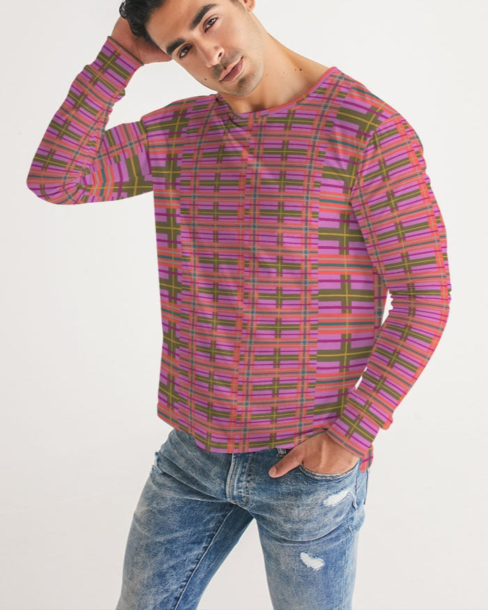 A vibrant pink plaid men’s long sleeve tee with bold purple and olive green pattern and comfortable fabric